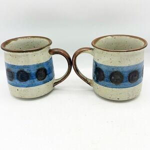 Speckled Stoneware Mugs Blue Band Black Polka Dots Set of 2 Studio Pottery